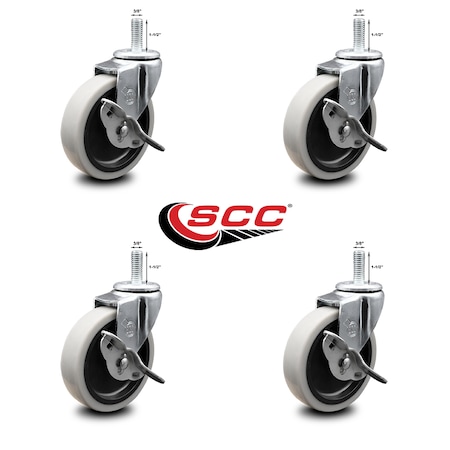 Service Caster 4 Inch Thermoplastic Wheel 3/8 Threaded Stem Caster Set with Brakes SCC, 4PK SCC-TS05S410-TPRS-SLB-381615-4